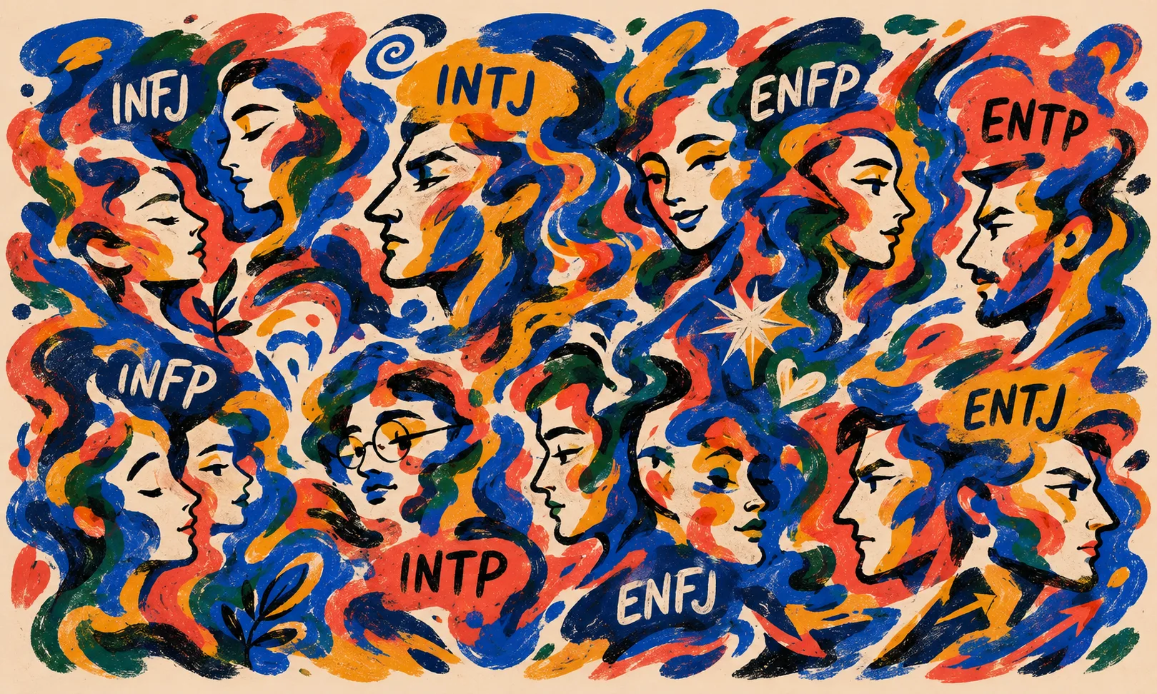Painted portraits of the eight intuitive types
